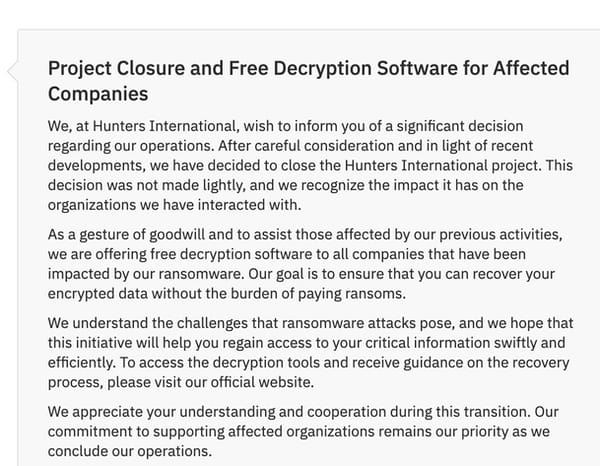 Hunters International ransomware group shuts down